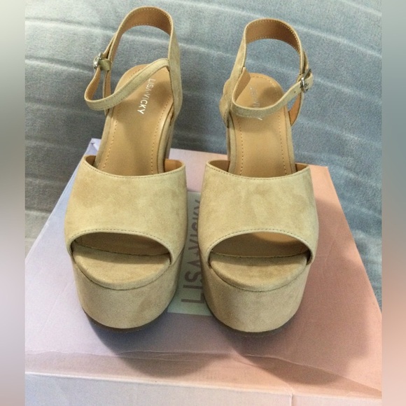 Lisa Vicky Jig Camel Kid Suede Platform Block Heeled Sandals Size 8.5 - Picture 3 of 12
